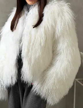 Белая кроп-шуба из меха ламы - фото 2