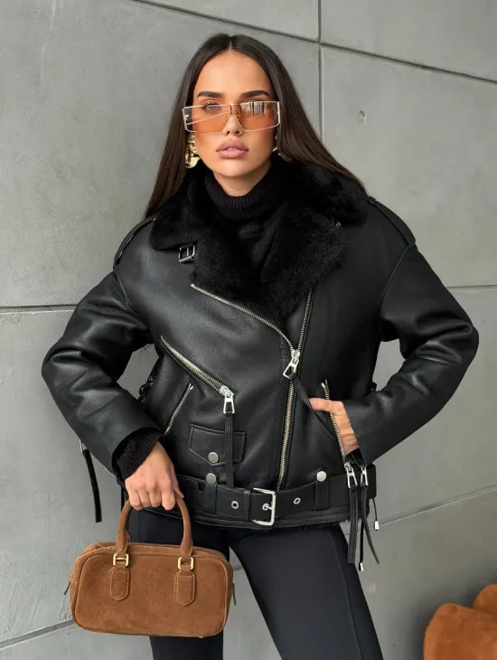 Черная короткая дубленка авиатор - фото 0
