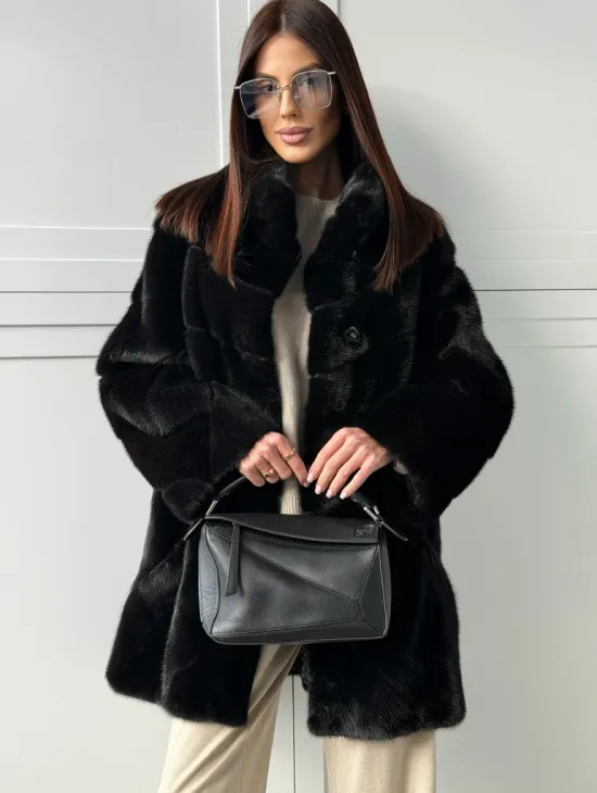 Черная норковая шуба - стойка воротник - фото 5