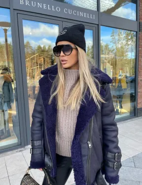 Авиатор из натуральной овчины в синем цвете - фото 3