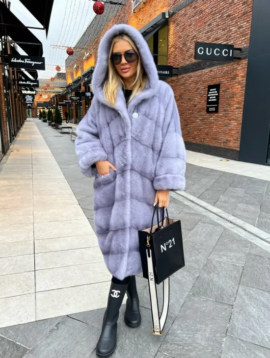 Шикарная норковая шуба с капюшоном - цвет сапфир - фото 0