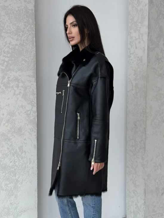 Удлиненная дубленка - авиатор из натуральной овчины с мехом тосканы - фото 2