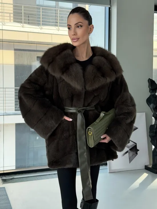 Норковое пончо шуба с капюшоном из меха куницы dark olive - фото 6