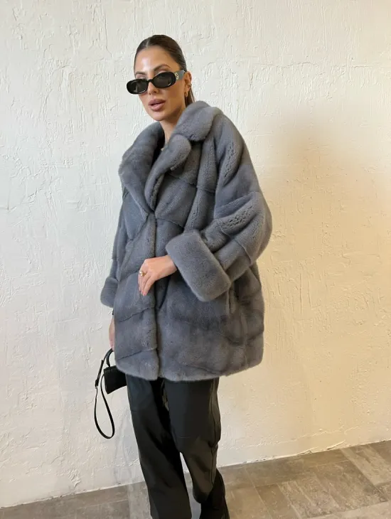 Серая короткая норковая шуба премиум качество - фото 4