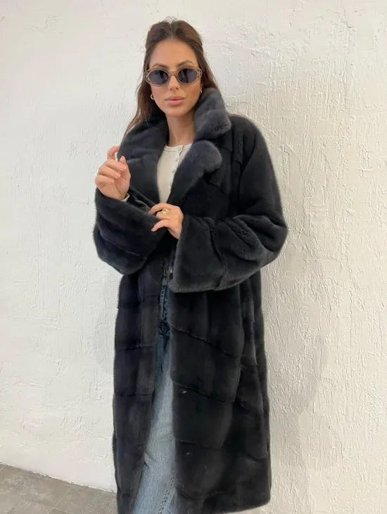 Шуба норковая с английским воротником - цвет графит - фото 0