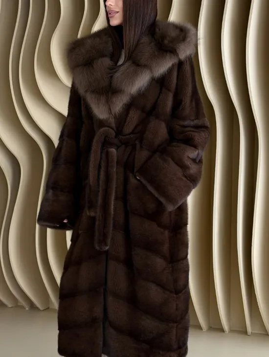 Шуба норкова с капюшоном из меха куницы - цвет соболь - фото 1