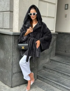 Норковая шуба с капюшоном цвет графит - фото 1