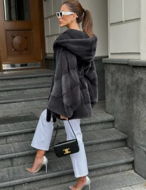 Норковая шуба с капюшоном цвет графит - фото 3