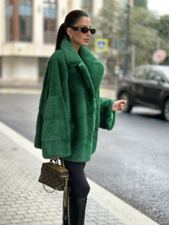 Куртка из норки с английским воротником - цвет изумруд - фото 5