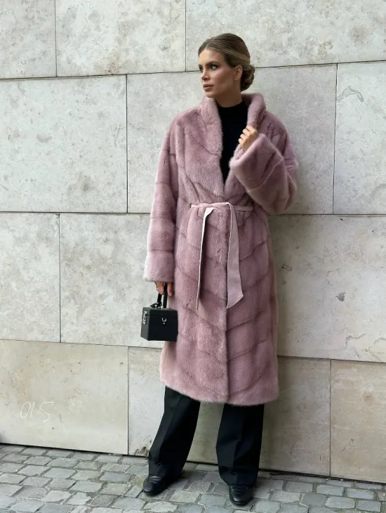 Шуба норковая с поясом - цвет розовый фламинго - фото 2