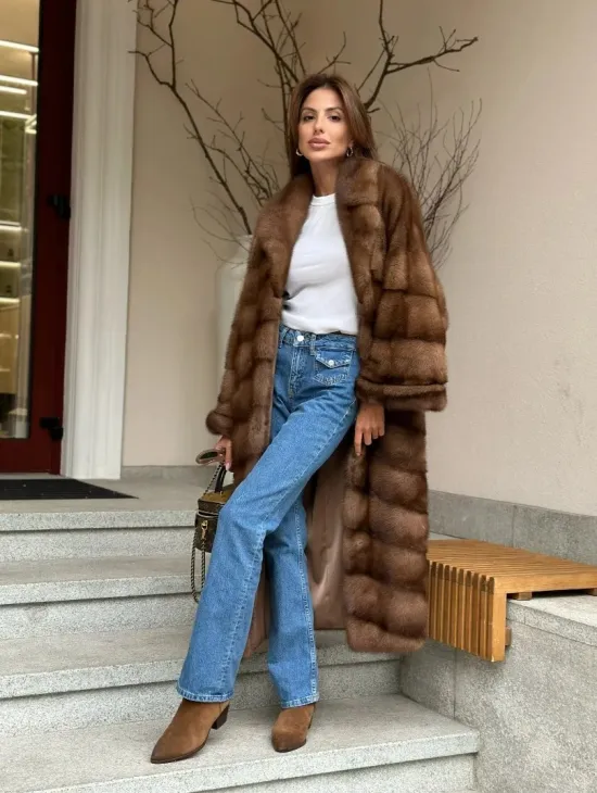 Стильное пальто из меха соболиной норки - цвет соболь - фото 5