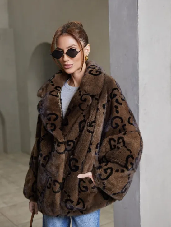 Жакет норковый роспуск английский воротник, принт - фото 0