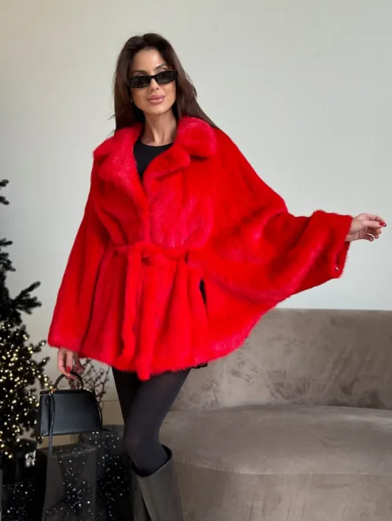 Красная норковая шуба - летучка английский воротник - фото 5