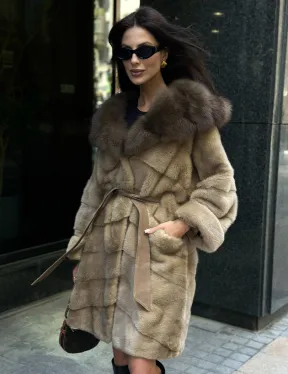 Шуба норковая с капюшоном куница - цвет пастель - фото 1