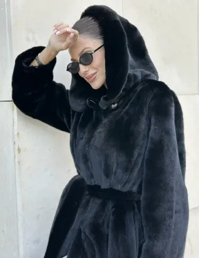 Шуба норка BLACKGLAMA с капюшоном - фото 1