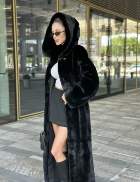 Удлиненная шуба из норки BLACKGLAMA с капюшоном - фото 8