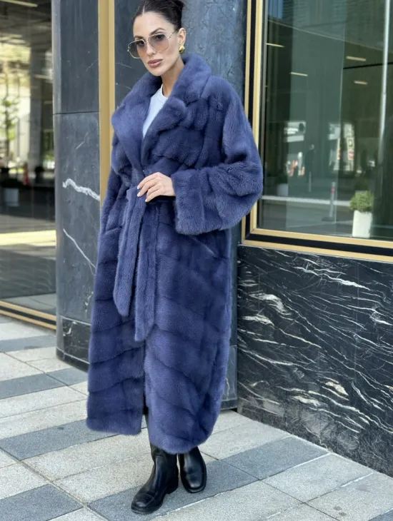 Норковая шуба с английским воротником - цвет джинс - фото 2